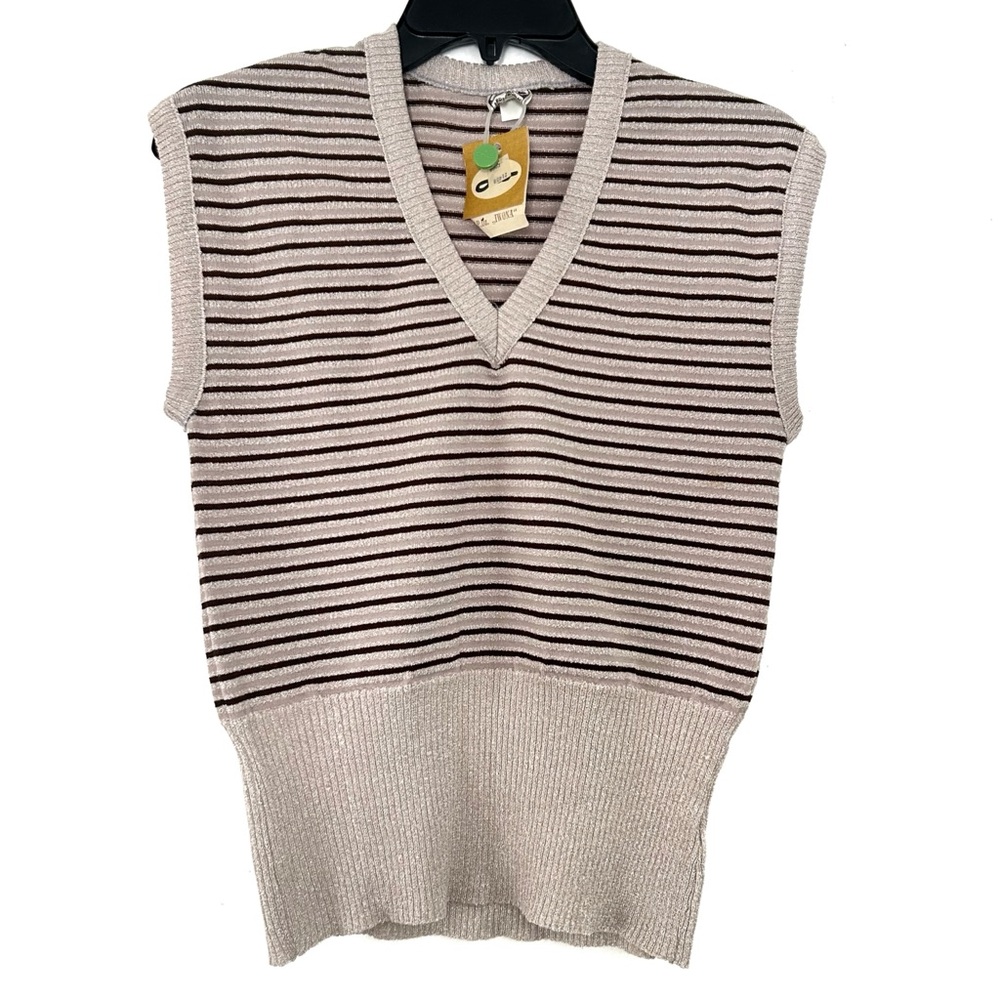 Vintage 1970s Polish Iwona Striped V-Neck Sleeveless Blouse Sweater Vest Beige